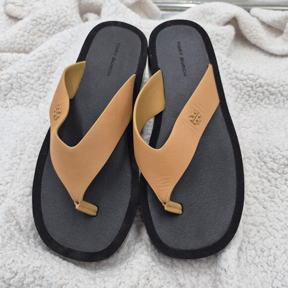 New Tory Burch Leather Platform Flip-Flops Ginger Shortbread Womens sandal SZ 7 - Picture 2 of 6